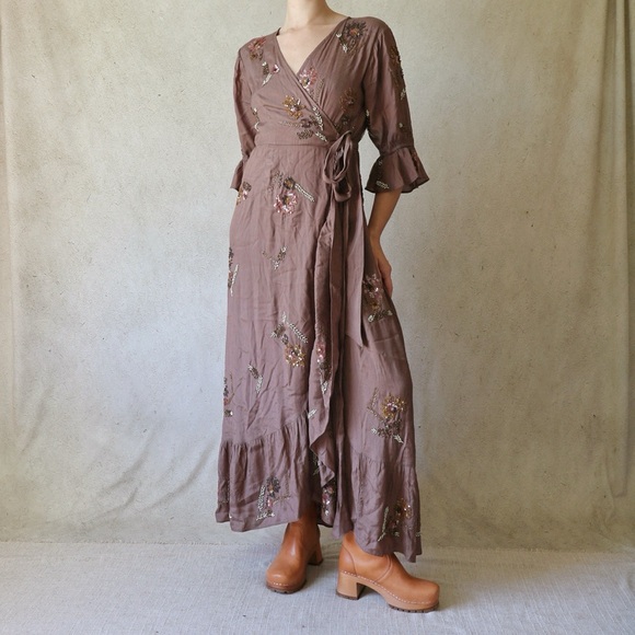 Anthropologie Let Me Be Beaded Sequined Wrap Dress in Dark Brown - Picture 3 of 7